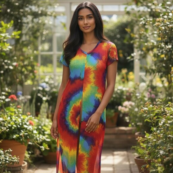 NYC BRAND Rainbow Tie Dye Sheer Maxi Dress L Swim Cover Up Boho Rave Festival - Picture 16 of 16